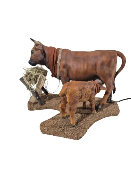 Mucca marrone con vitello in movimento per statue da 30 cm