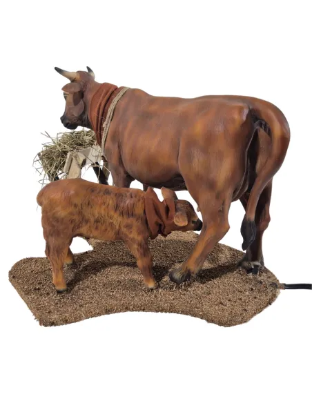 Mucca marrone con vitello in movimento per statue da 30 cm