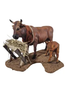 Mucca marrone con vitello in movimento per statue da 30 cm