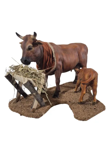 Mucca marrone con vitello in movimento per statue da 30 cm