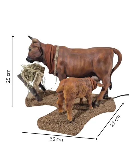 Mucca marrone con vitello in movimento per statue da 30 cm
