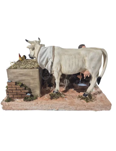 Animated Traditional Milker with White Cow - 30 cm