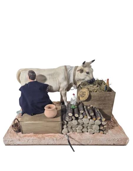 Animated Traditional Milker with White Cow - 30 cm