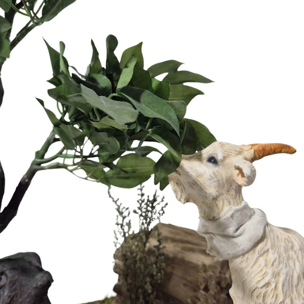 Animated White Goat Pulling Leaves from a Tree for 30 cm Nativity Figures