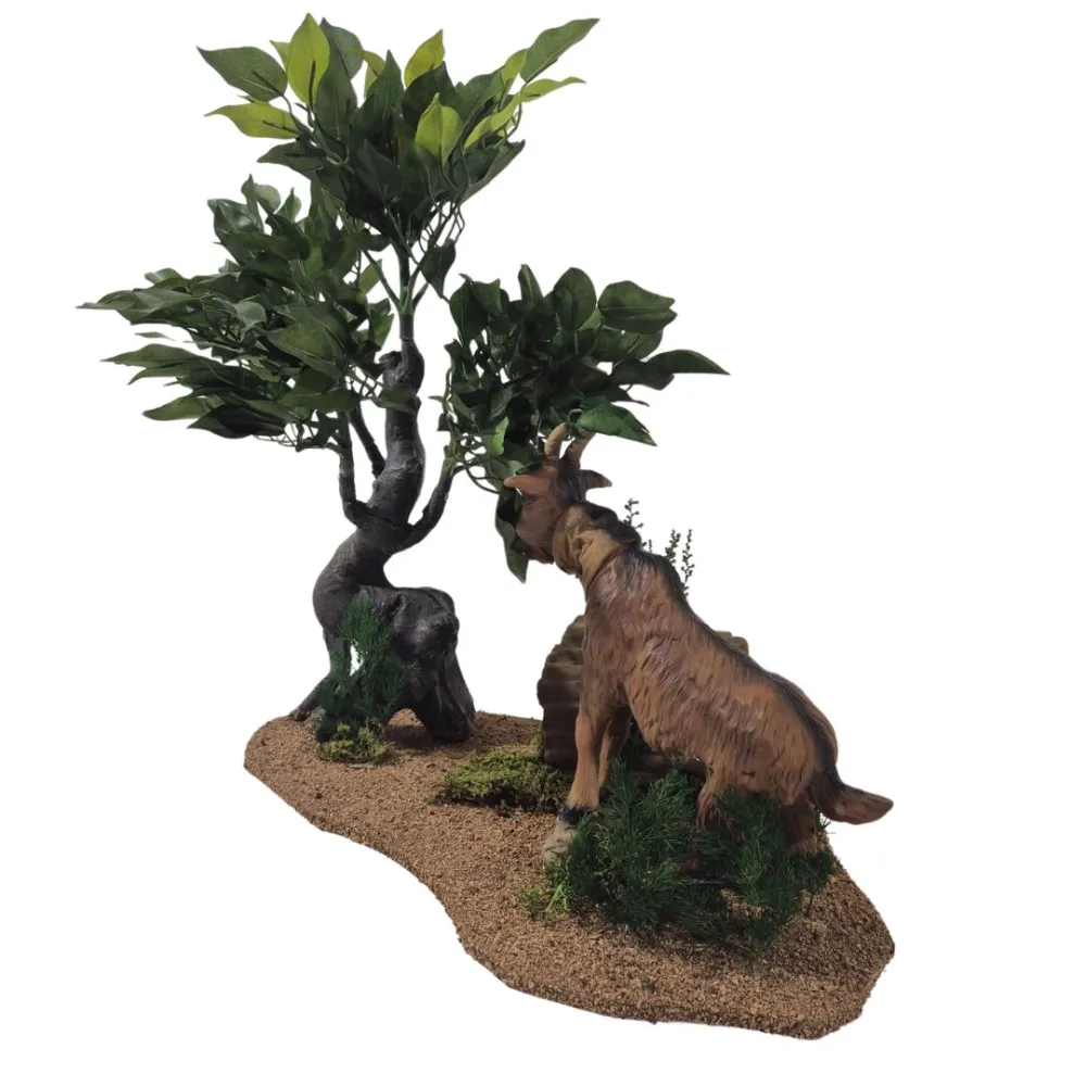 Capra marrone tira foglie da albero in movimento per statue da 30 cm