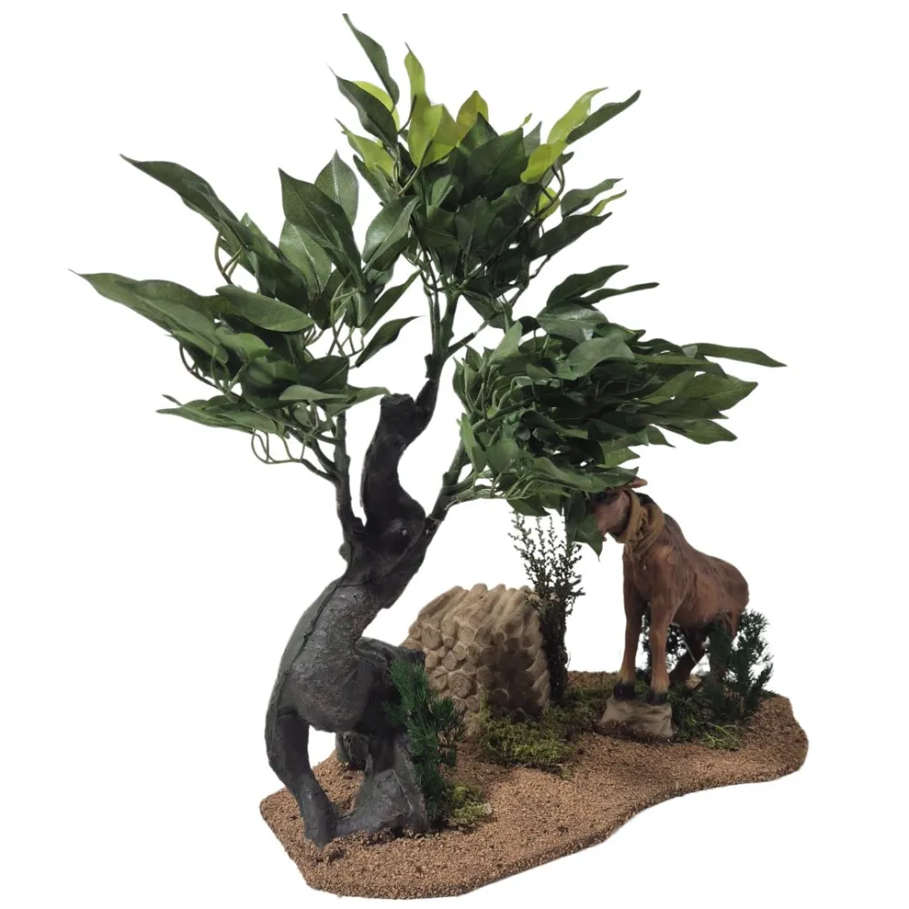 Capra marrone tira foglie da albero in movimento per statue da 30 cm