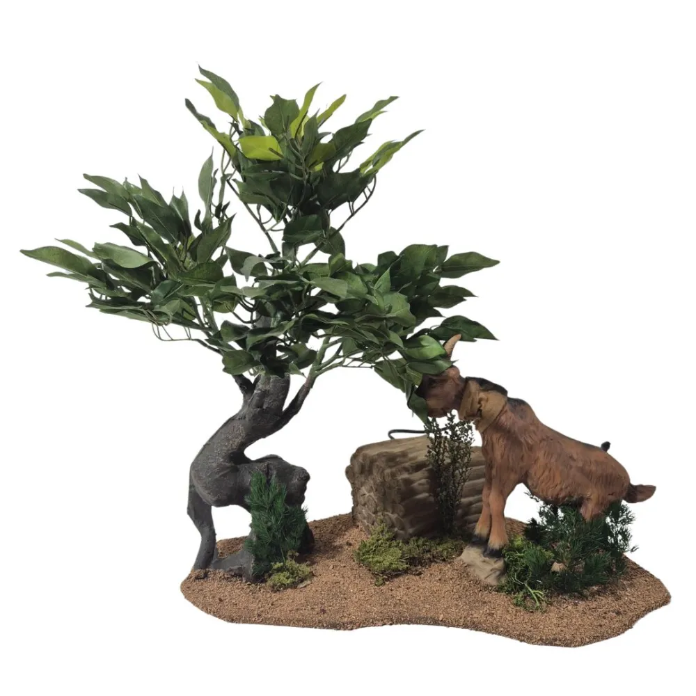Capra marrone tira foglie da albero in movimento per statue da 30 cm
