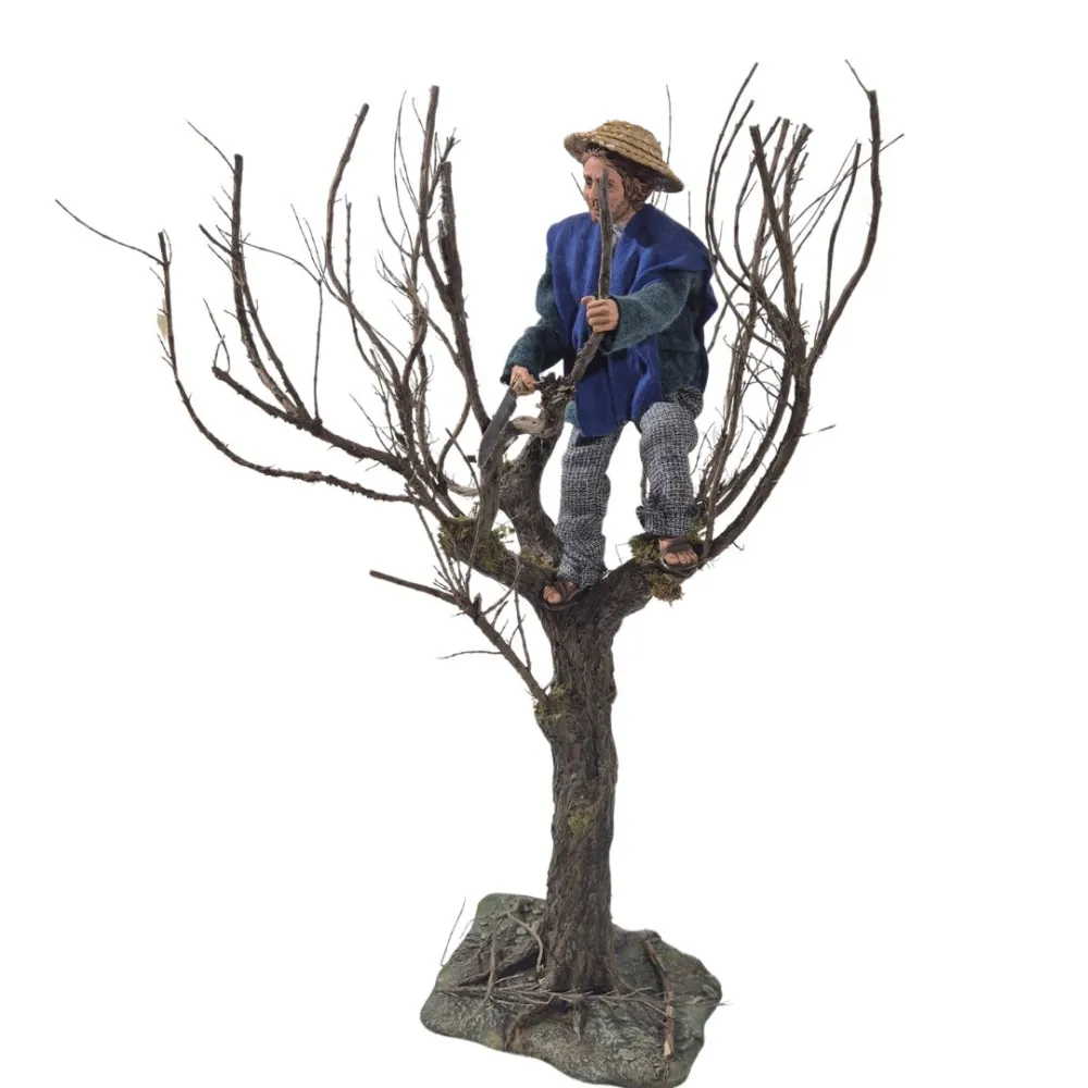 Animated Traditional Woodcutter with Hand Saw in Tree - 30 cm