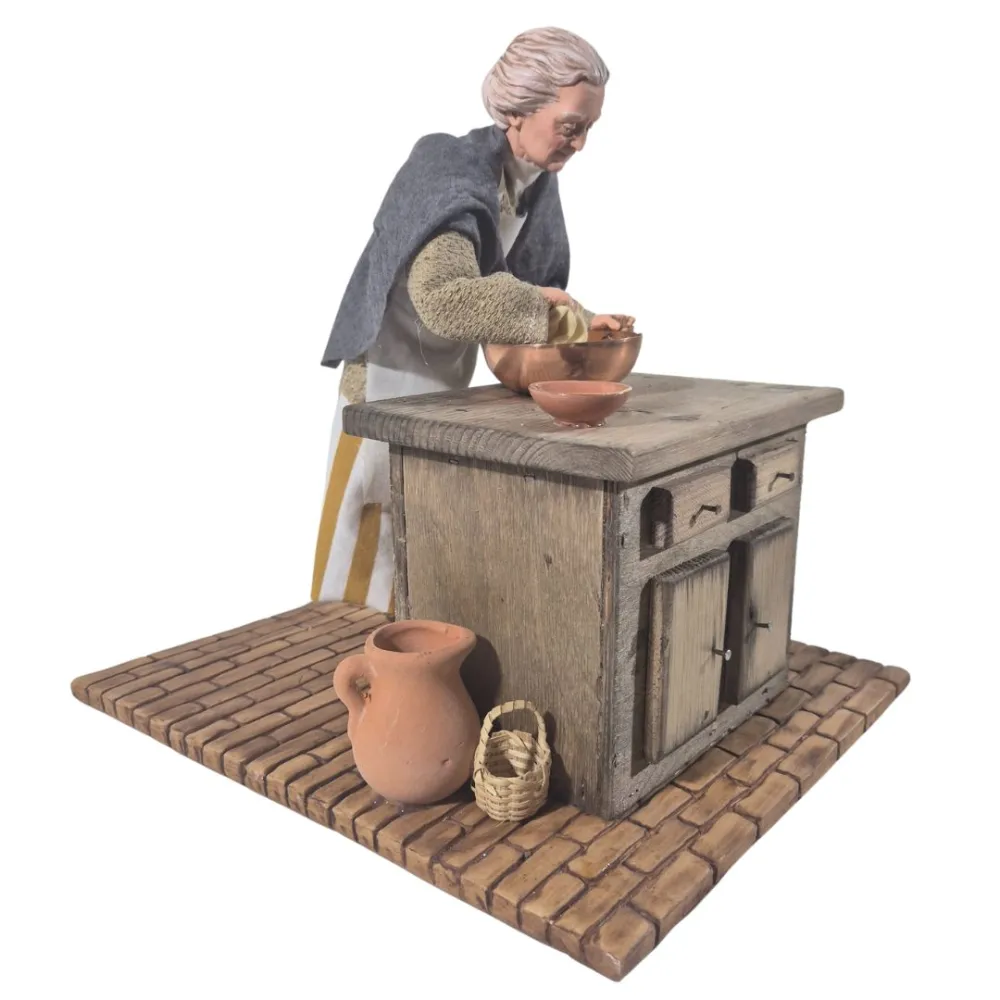 Animated Traditional Elderly Woman Kneading Dough - 30 cm