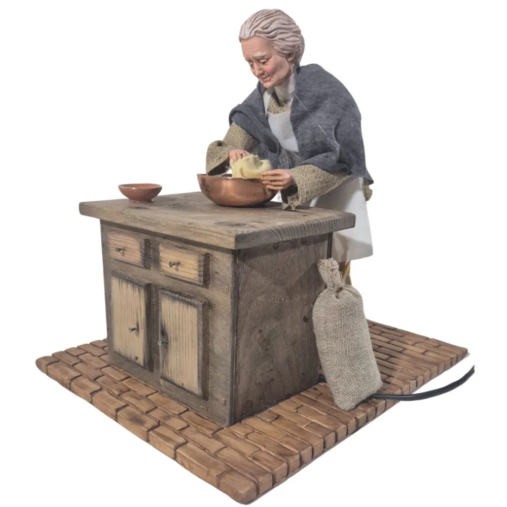Animated Traditional Elderly Woman Kneading Dough - 30 cm