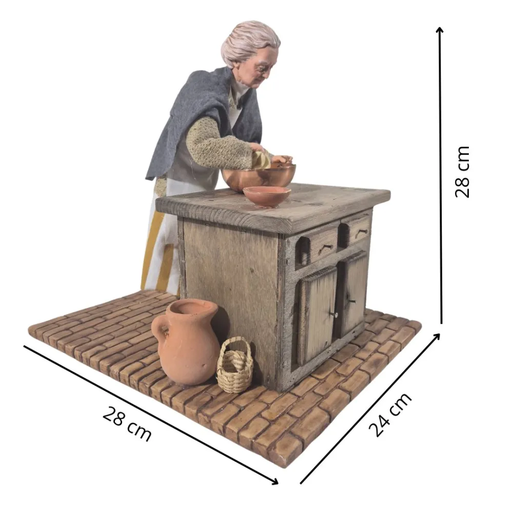 Animated Traditional Elderly Woman Kneading Dough - 30 cm