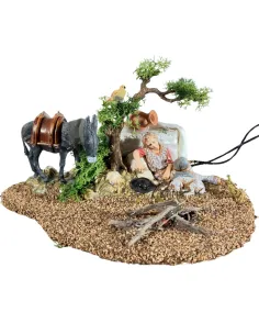 Animated 10 cm Landi Sleeping Shepherd with Donkey, Bird and Fire 2