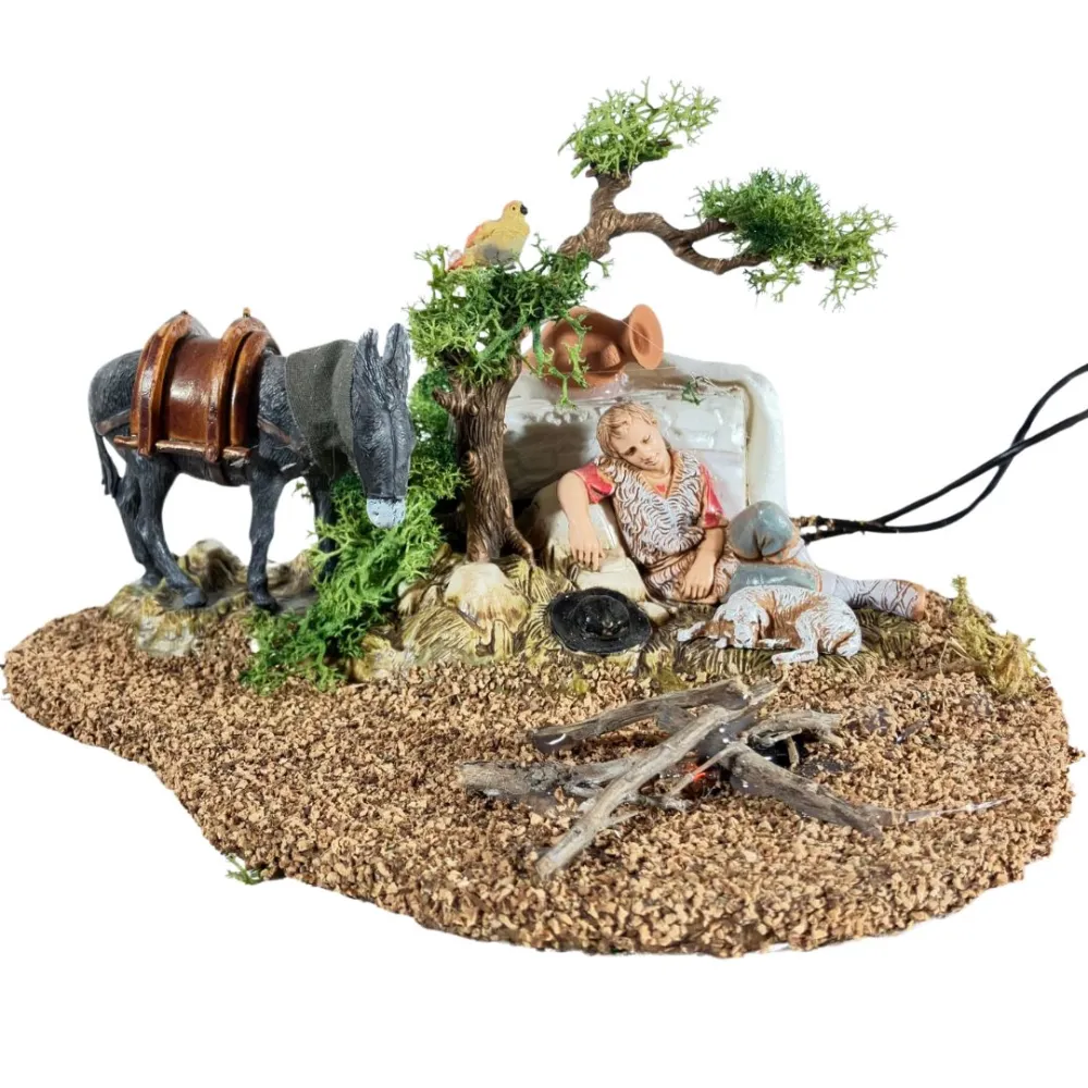 Animated 10 cm Landi Sleeping Shepherd with Donkey, Bird and Fire