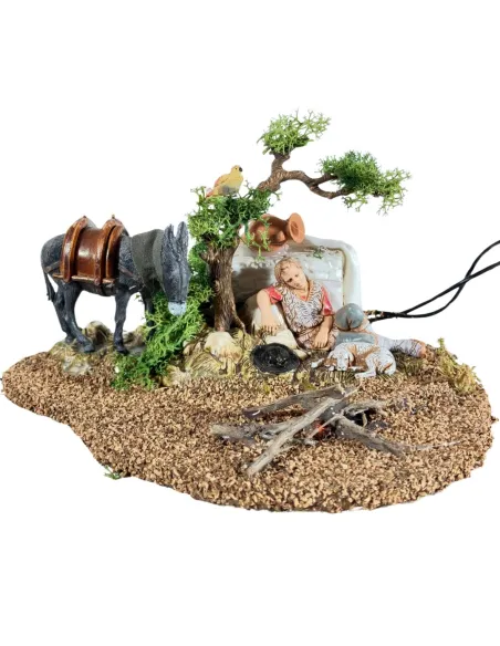 Animated 10 cm Landi Sleeping Shepherd with Donkey, Bird and Fire