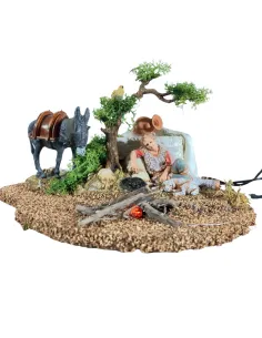 Animated 10 cm Landi Sleeping Shepherd with Donkey, Bird and Fire