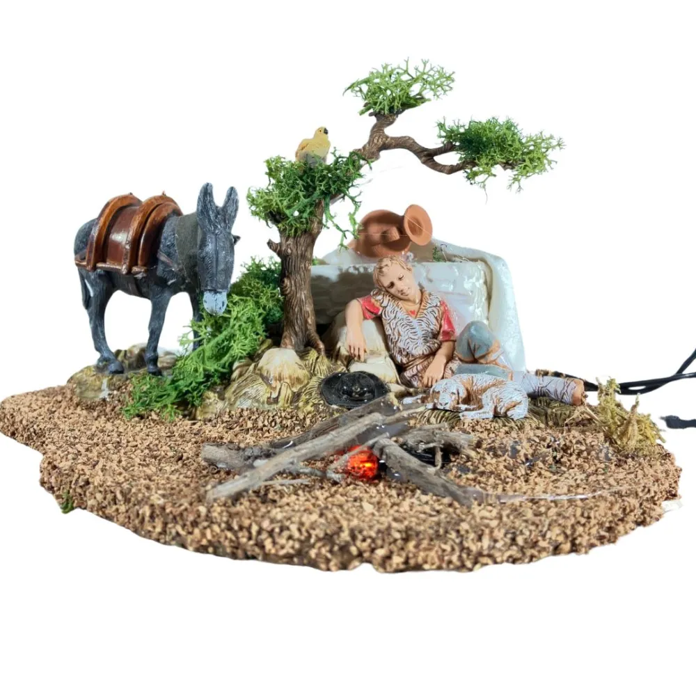 Animated 10 cm Landi Sleeping Shepherd with Donkey, Bird and Fire