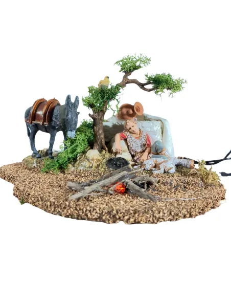 Animated 10 cm Landi Sleeping Shepherd with Donkey, Bird and Fire