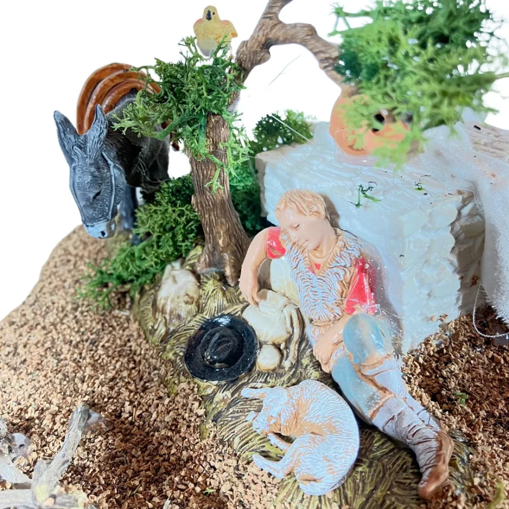 Animated 10 cm Landi Sleeping Shepherd with Donkey, Bird and Fire