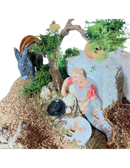 Scena dormiente Landi con asino, uccellino e fuoco in movimento 10 cm