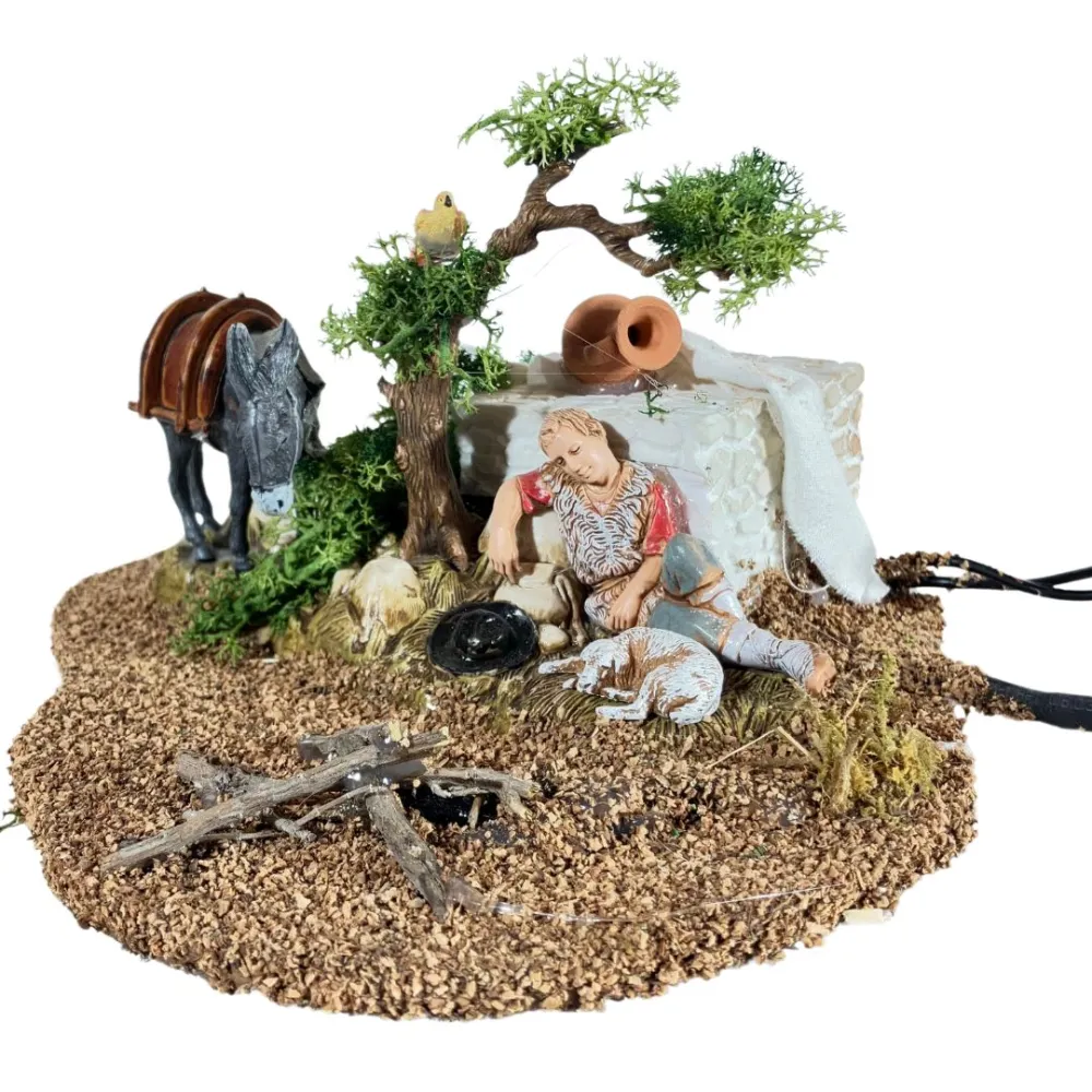 Animated 10 cm Landi Sleeping Shepherd with Donkey, Bird and Fire