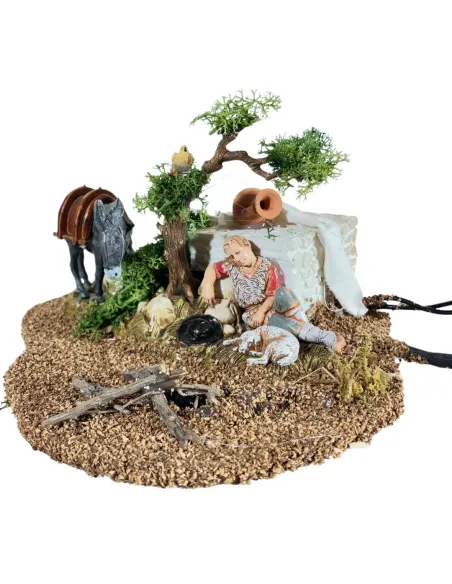 Animated 10 cm Landi Sleeping Shepherd with Donkey, Bird and Fire