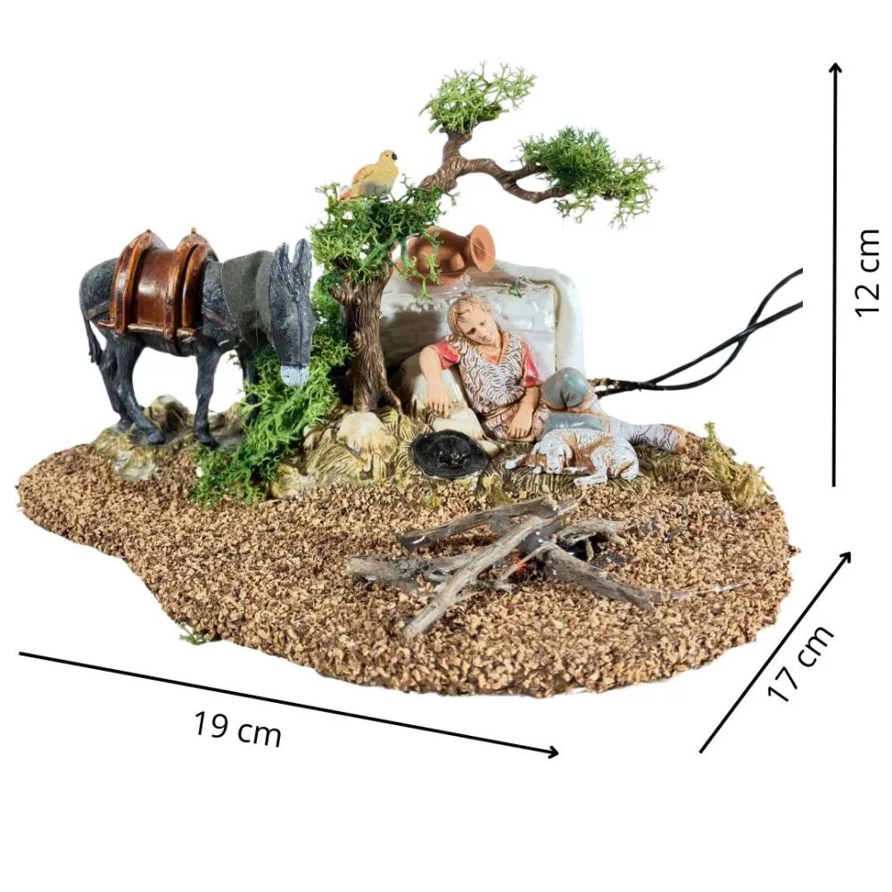 Animated 10 cm Landi Sleeping Shepherd with Donkey, Bird and Fire