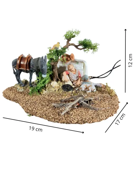 Animated 10 cm Landi Sleeping Shepherd with Donkey, Bird and Fire