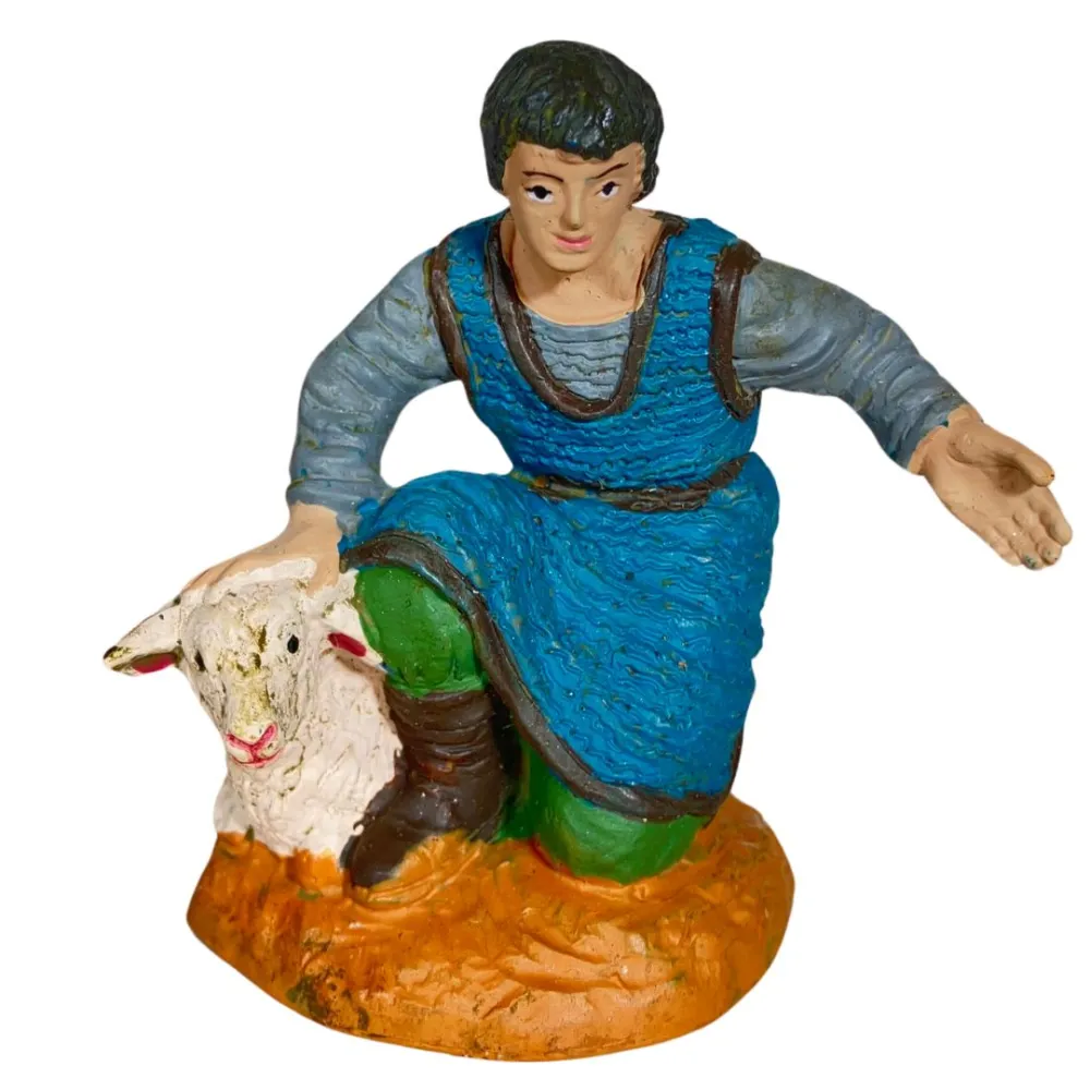 Oliver Adoring Shepherd in Blue with Lamb, 10 cm