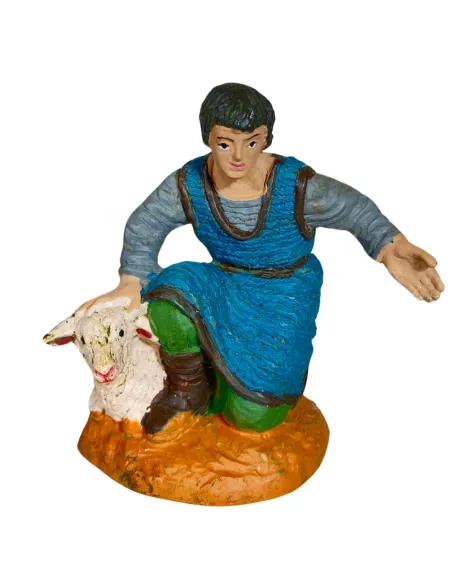 Oliver Adoring Shepherd in Blue with Lamb, 10 cm