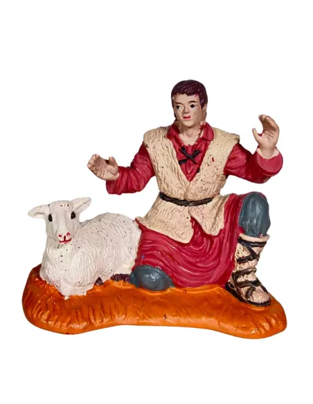 Oliver Adoring Shepherd in Red with Lamb, 10 cm