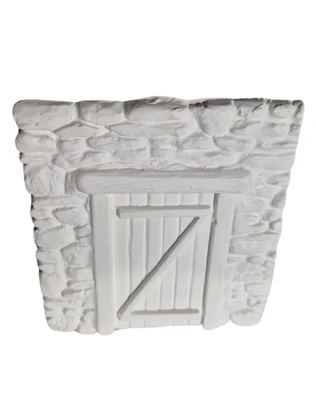 Parete in gesso finta pietra con porta colore neutro per statue da 8-10 cm