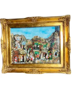Neapolitan-Style Nativity Scene on Framed Panel with 7 cm Figures and Lights
