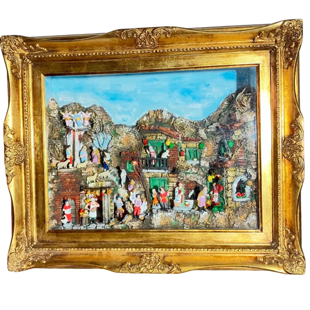 Neapolitan-Style Nativity Scene on Framed Panel with 7 cm Figures and Lights