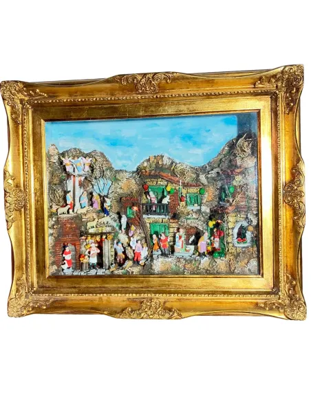 Neapolitan-Style Nativity Scene on Framed Panel with 7 cm Figures and Lights