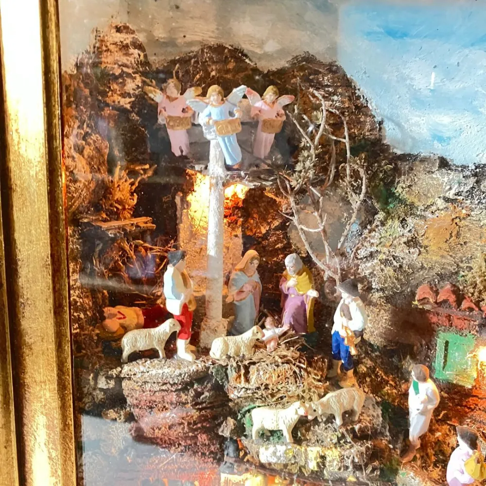 Neapolitan-Style Nativity Scene on Framed Panel with 7 cm Figures and Lights