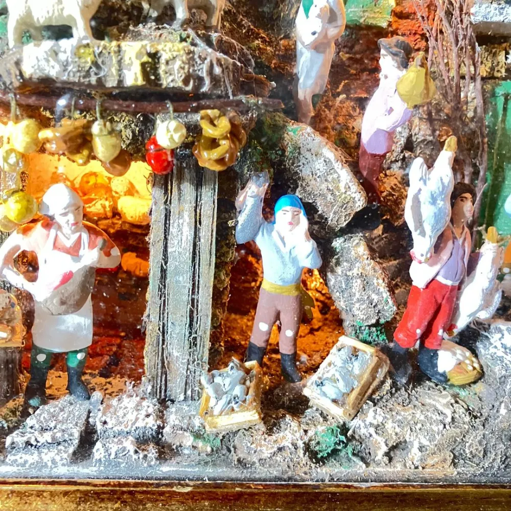 Neapolitan-Style Nativity Scene on Framed Panel with 7 cm Figures and Lights