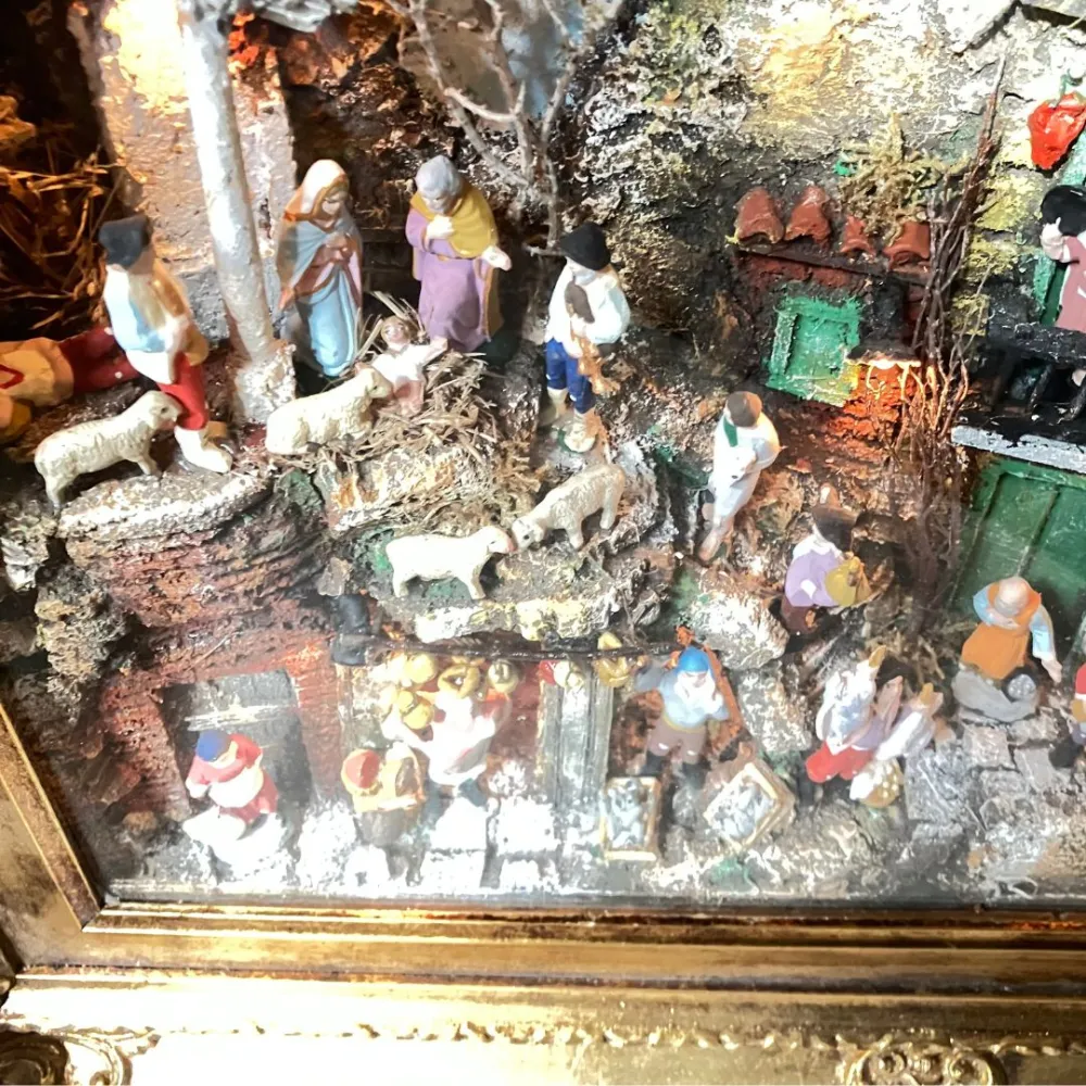 Neapolitan-Style Nativity Scene on Framed Panel with 7 cm Figures and Lights
