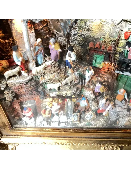 Neapolitan-Style Nativity Scene on Framed Panel with 7 cm Figures and Lights