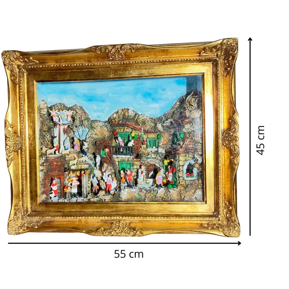 Neapolitan-Style Nativity Scene on Framed Panel with 7 cm Figures and Lights