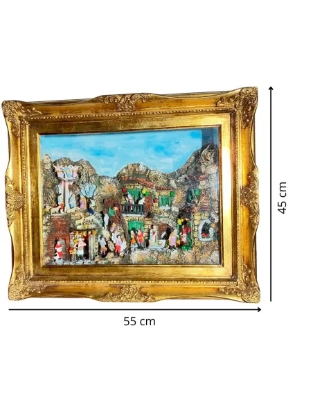 Neapolitan-Style Nativity Scene on Framed Panel with 7 cm Figures and Lights