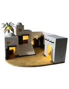 Palestinian Village with Palm Tree and Battery-Operated Lights for 5 cm Nativity Figures