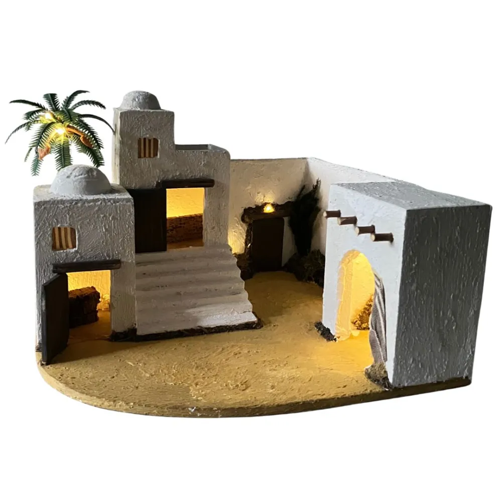 Borgo palestinese con palma e luci a batteria per statue da 5 cm