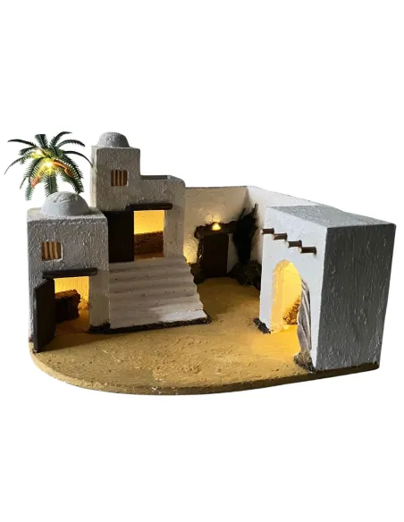 Borgo palestinese con palma e luci a batteria per statue da 5 cm