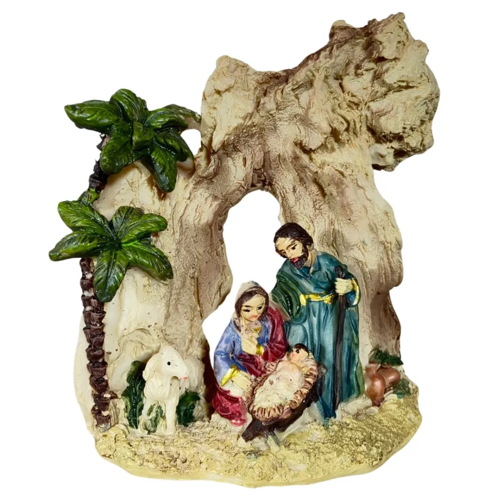 One-Piece Nativity Scene in Grotto with Palm Trees – 5 cm