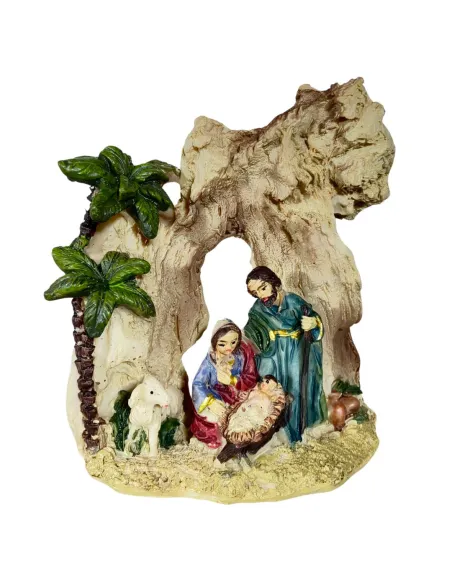 Natività in blocco con ambientazione grotta e palme 5 cm