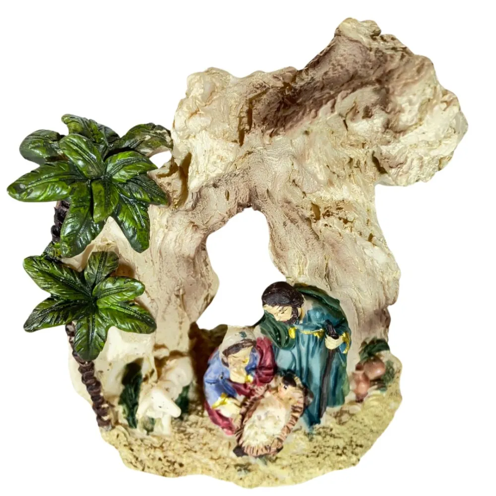 One-Piece Nativity Scene in Grotto with Palm Trees – 5 cm