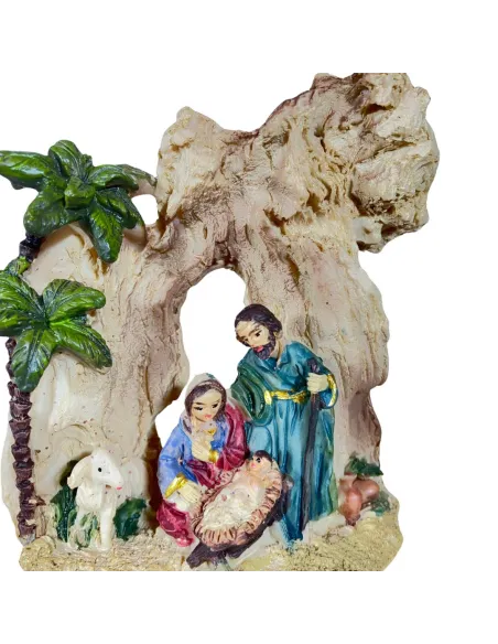 Natività in blocco con ambientazione grotta e palme 5 cm
