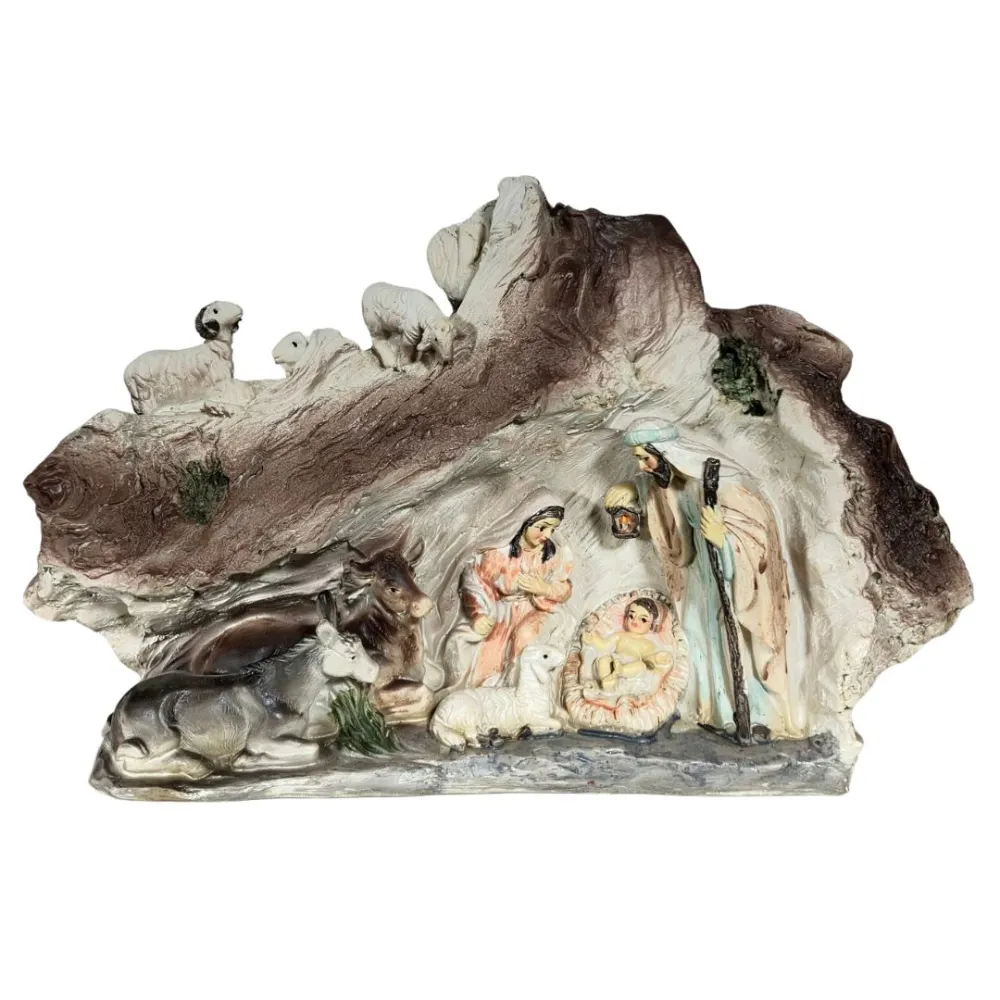 Resin Nativity Scene in Grotto with Sheep – 8 cm