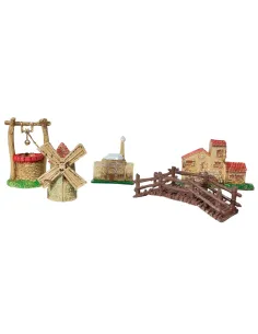 Set of Five Miniature Nativity Accessories: Well, House, Windmill and Bridge