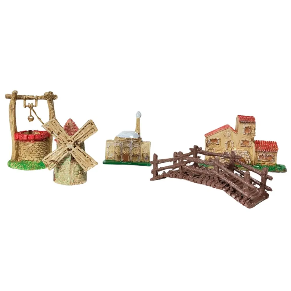 Set of Five Miniature Nativity Accessories: Well, House, Windmill and Bridge